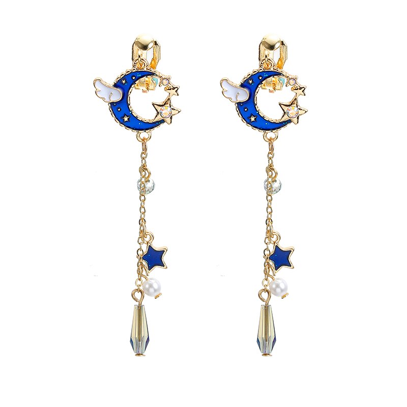 Korean Creative Clip On Earrings Cute Blue Universe Moon Star Asymmetric Long Tassel for Girl Women Without Piercing