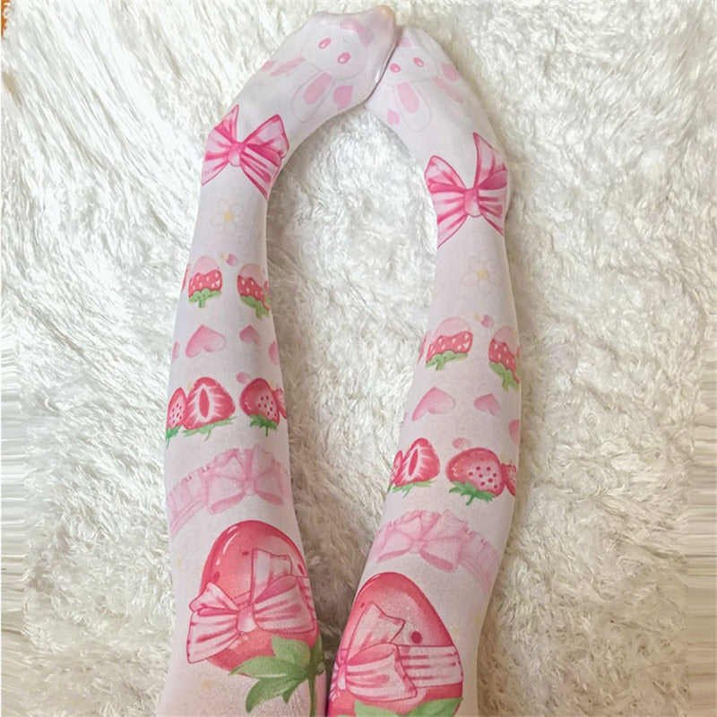 Women Sexy Thigh High Stockings Autumn 3D Printing Red Strawberry Pink Sweet Kawaii Over Knee Stocking Cosplay Quadratic Element