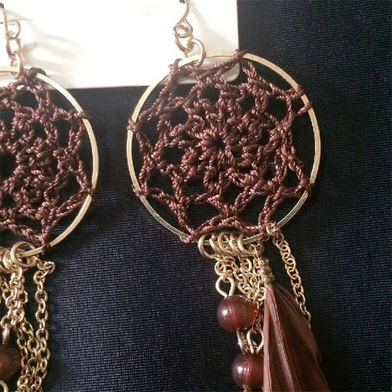 Fashion Jewelry 2017 New Bohemia Feather Beads Long Design Dream Catcher Drop Earrings for Women
