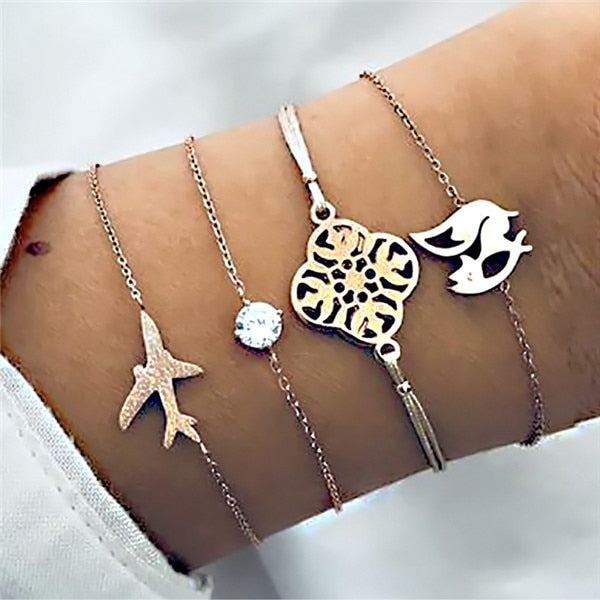 Modyle Bohemian Handmade Pink Crystal Beads Bracelets for Women Vintage Fashion Fox Map Bracelet Bangles Jewelry Gifts