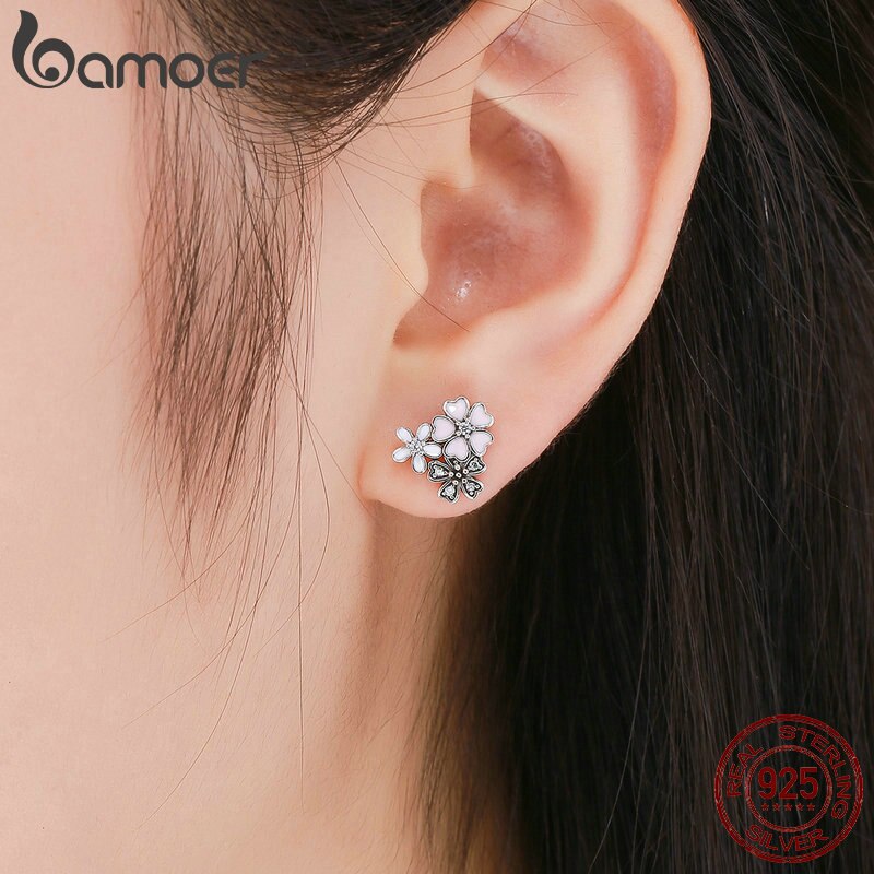 BAMOER 100% 925 Sterling Silver Pink Daisy Cherry Blossoms Flower Stud Earrings for Women Sterling Silver Jewelry Gift SCE400