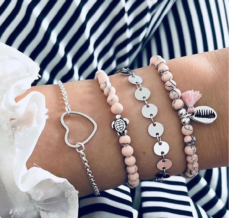 Boho Charm and Crystal Bead Bangle Bracelet Set