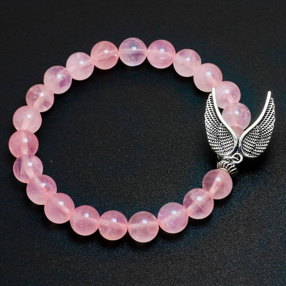 Reiki Natural Pink Quartz with Angel Wings Pendent Bracelet Women Stone Mala Beads Charms Meditation Ethnic Handmade Jewelry