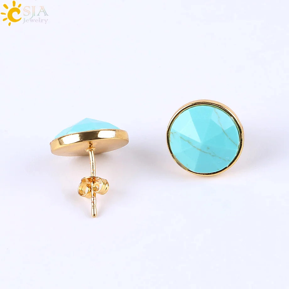 CSJA Gold Color Round Stud Earrings Natural Gem Precious Stone Green Black Obsidian Lapis Lazuli Amethysts Crystal Jewelry E597 - Charlie Dolly