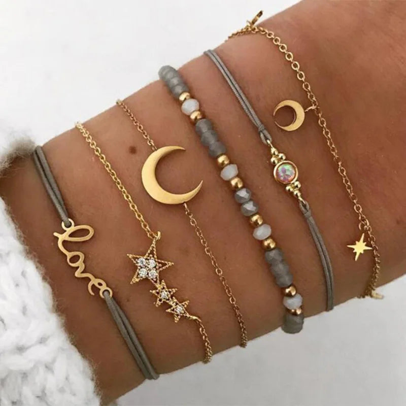 Boho Charm and Crystal Bead Bangle Bracelet Set