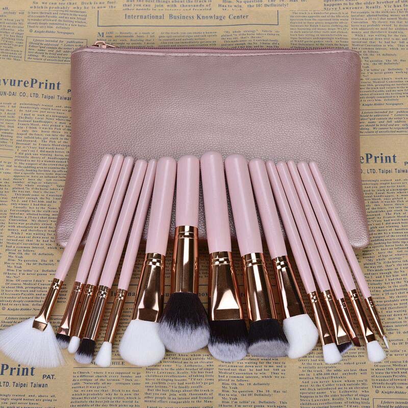 15pcs Pink Makeup Brushes Set Pincel Maquiagem Powder Eye Kabuki Brush Complete Kit Cosmetics Beauty Tools with Leather Case