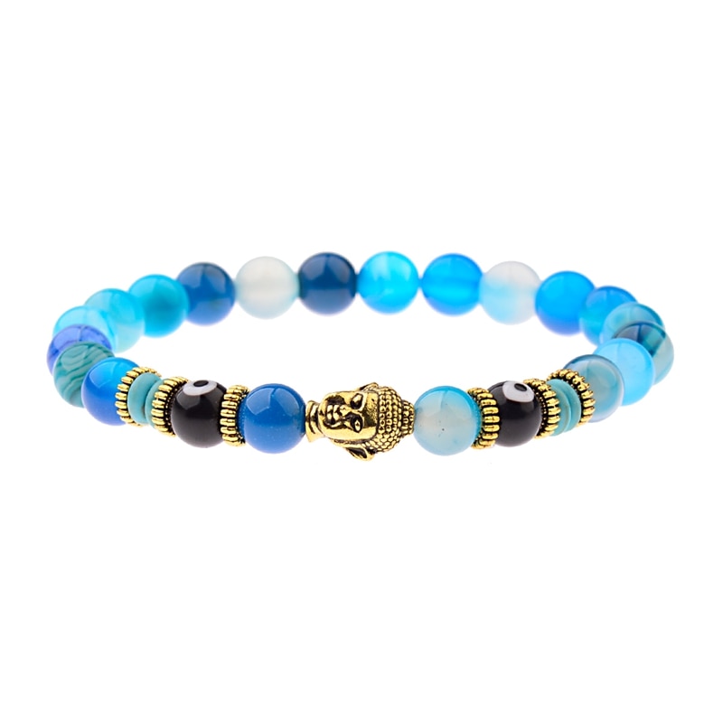 Charm Buddha&Evil Eye Bracelet Women 8mm Elastic Round Bright Black Stone Chakra Bracelets Men Erkek Bileklik Homme