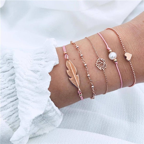 Modyle Bohemian Handmade Pink Crystal Beads Bracelets for Women Vintage Fashion Fox Map Bracelet Bangles Jewelry Gifts