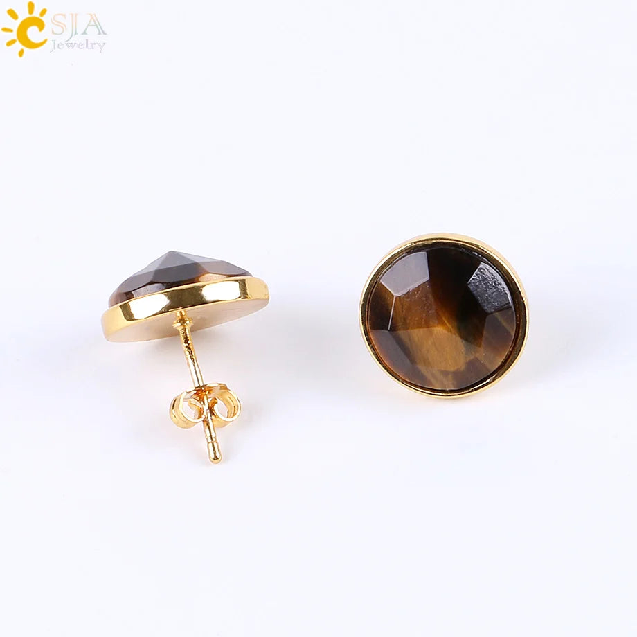 CSJA Gold Color Round Stud Earrings Natural Gem Precious Stone Green Black Obsidian Lapis Lazuli Amethysts Crystal Jewelry E597 - Charlie Dolly