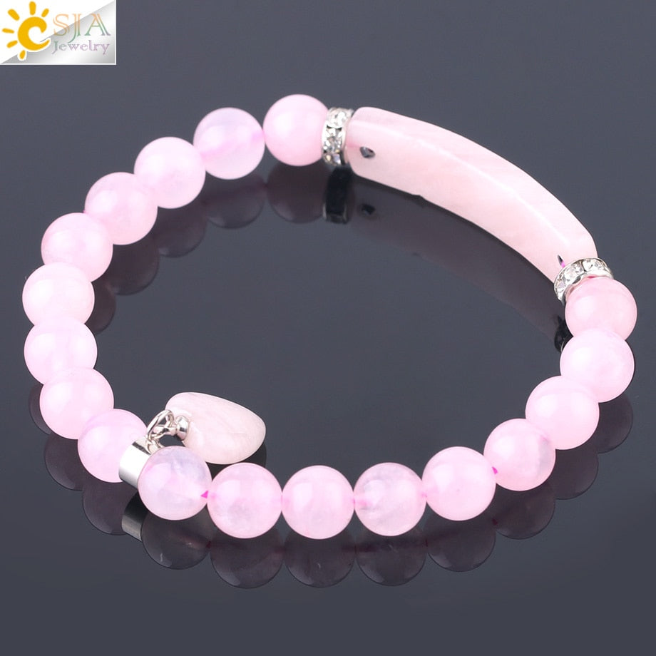 CSJA Natural Stone Pink Crystal Bracelet for Women Girls Love Heart Bracelets & Bangles Quartz Beads CZ Charms Jewelry F575