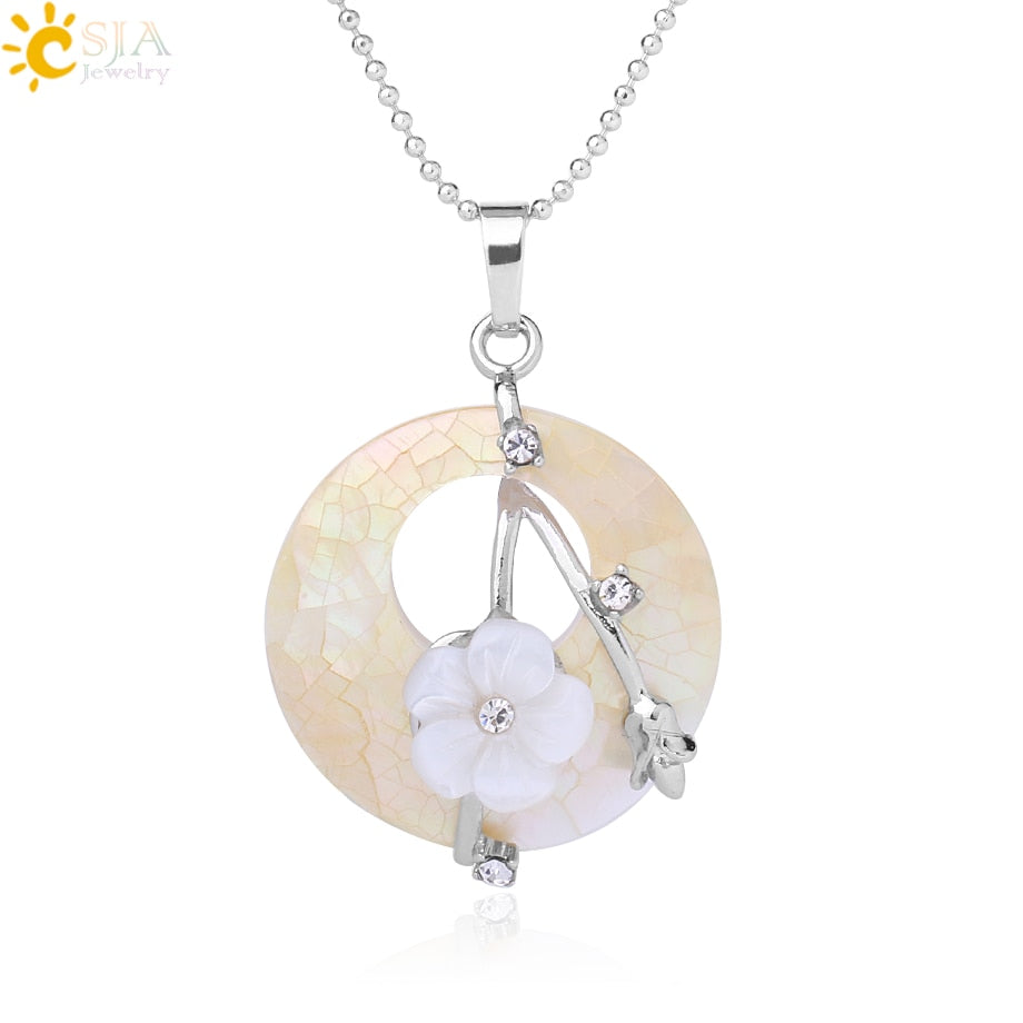 CSJA Colorful Natural Abalone Shell Pendants Necklaces White Pink Round Gems Beads Flower Zircon Women Charms Jewelry F873