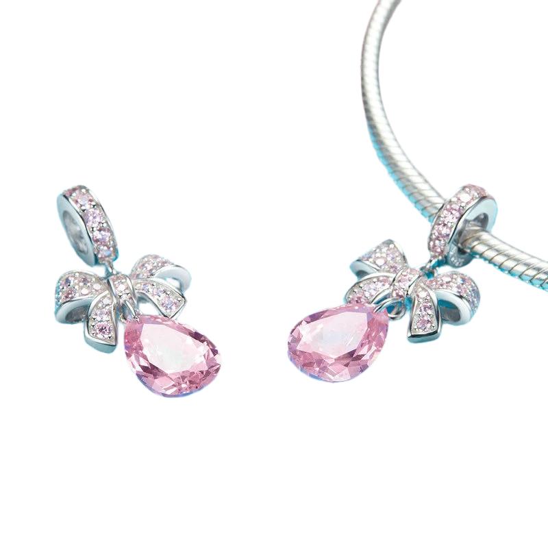BAMOER Valentine Gift 925 Sterling Silver Pink Bowknot Droplet CZ Crystal Charms Pendant fit Chain Necklaces Jewelry SCC1074