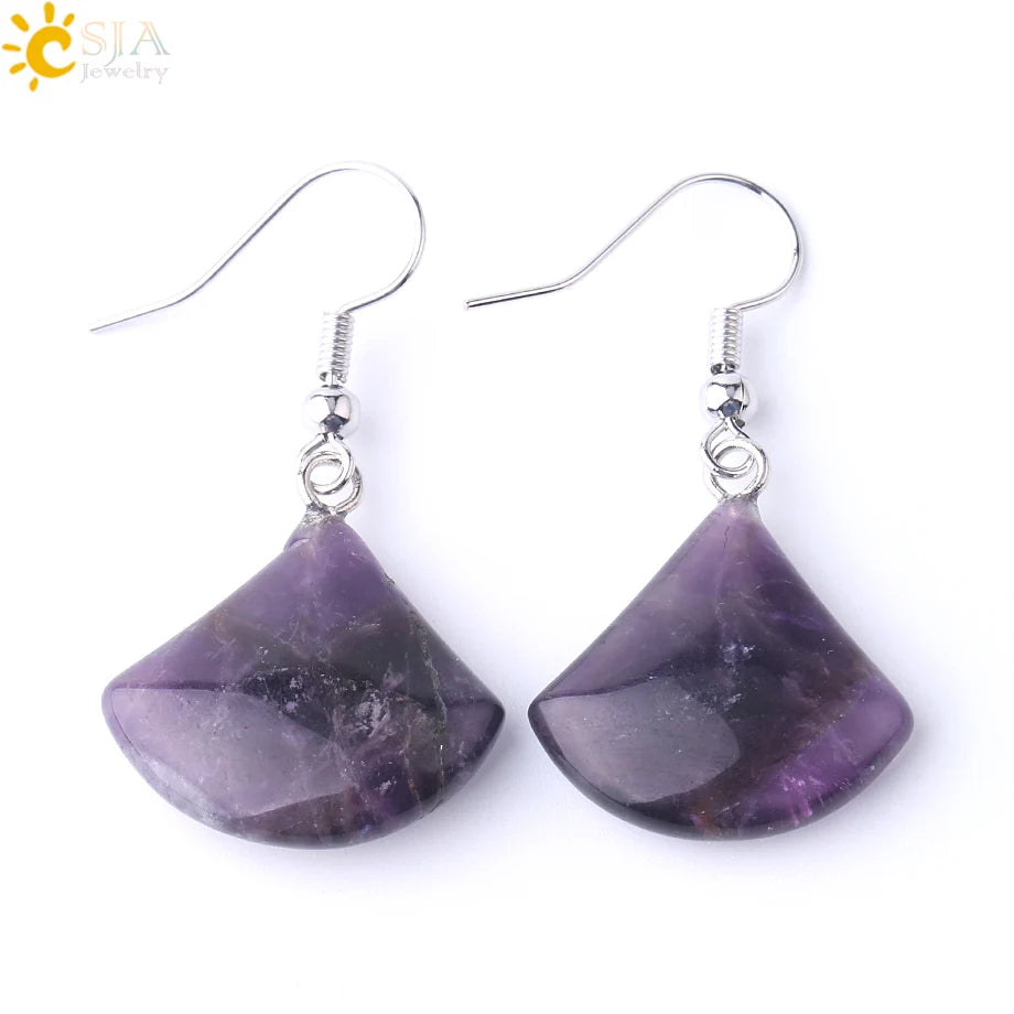 1pc Natural Stone Drop Earrings for Women Small Fan-shaped Earring Purple Pink Quartz Lapis Lazuli Crystal Tiger Eye F828 - Charlie Dolly