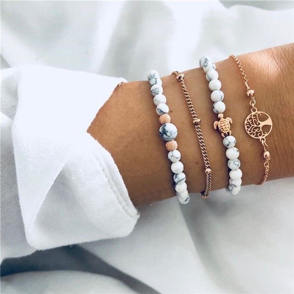 Modyle Bohemian Handmade Pink Crystal Beads Bracelets for Women Vintage Fashion Fox Map Bracelet Bangles Jewelry Gifts