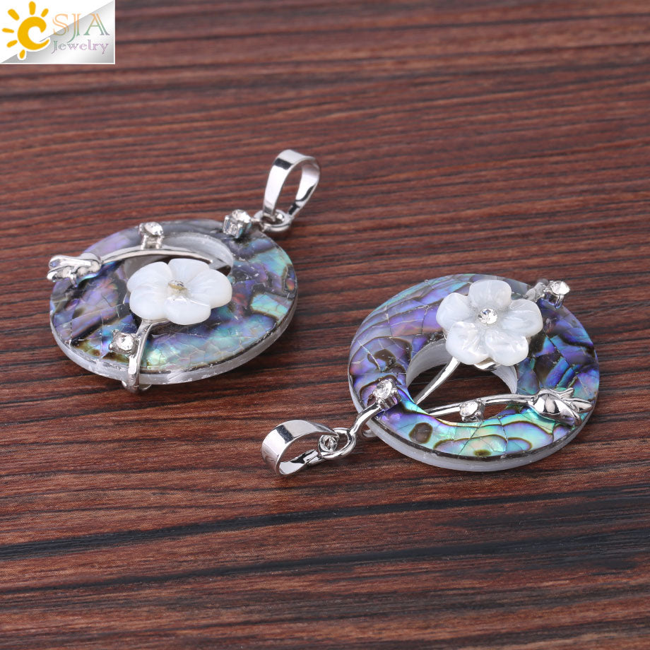 CSJA Colorful Natural Abalone Shell Pendants Necklaces White Pink Round Gems Beads Flower Zircon Women Charms Jewelry F873