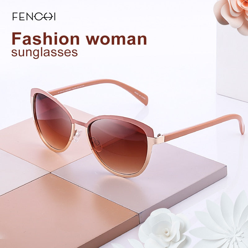 FENCHI Women Sunglasses DesignerTrendy Brand Vintage Pink Mirror Sun Glasses Ladies Cat Eye Eyewear Oculos Feminino De Sol