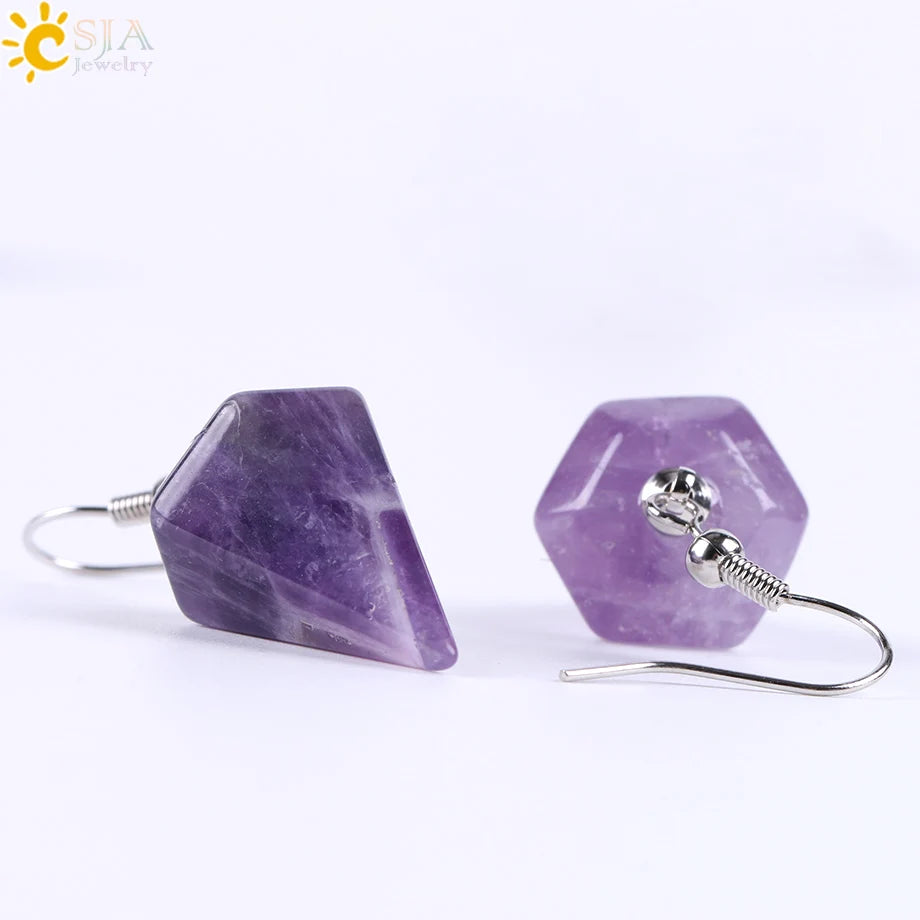 CSJA Bohemian Pyramid Drop Earrings Jewelry Earrings for Women Natural Stone Pink White Purple Crystal Quartz Lapis Lazuli E736 - Charlie Dolly