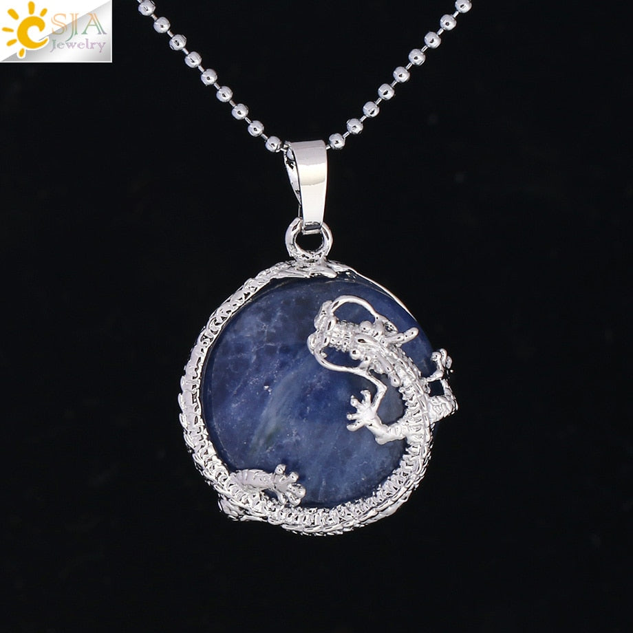 CSJA Necklaces Dragon Pendants Women Natural Stone Purple Crystal Pink Quartz Tiger Eye Lava Rock Flat Round Beads Fittings F304