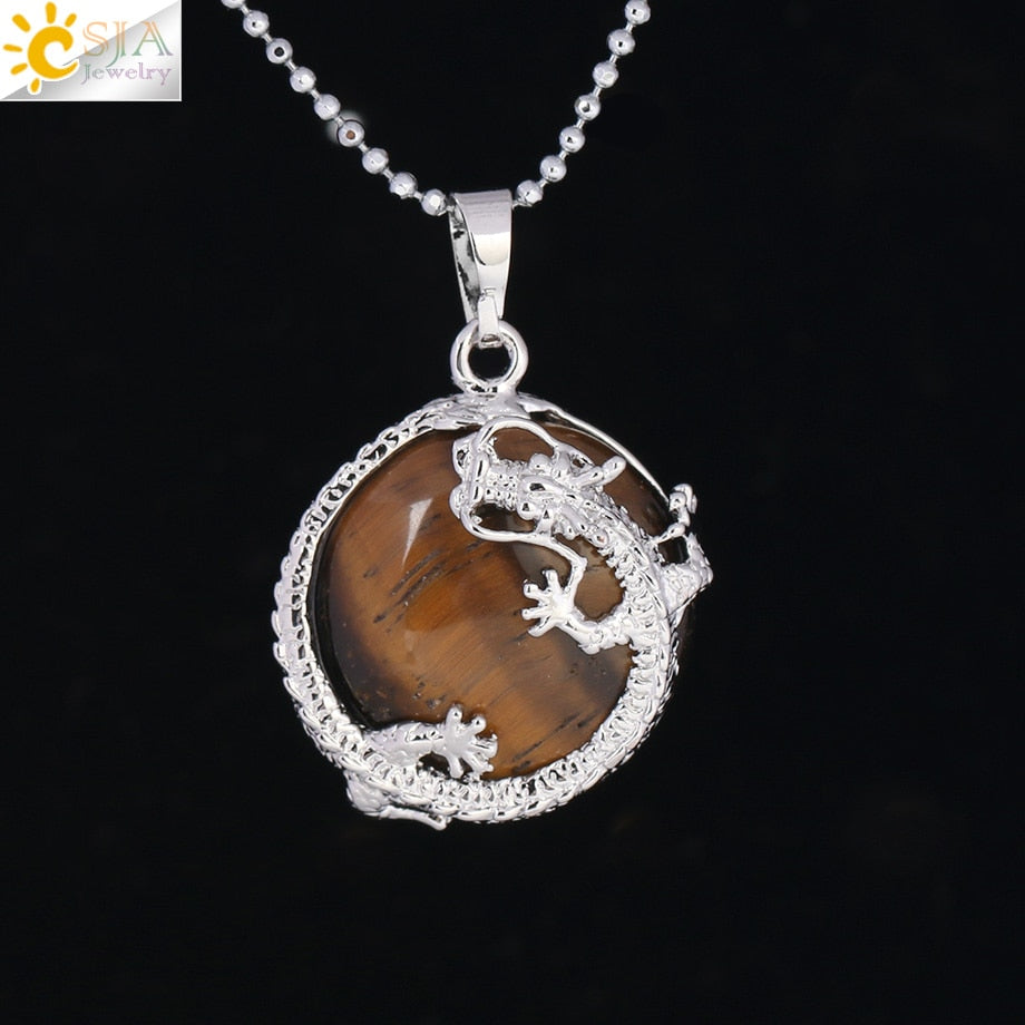 CSJA Necklaces Dragon Pendants Women Natural Stone Purple Crystal Pink Quartz Tiger Eye Lava Rock Flat Round Beads Fittings F304