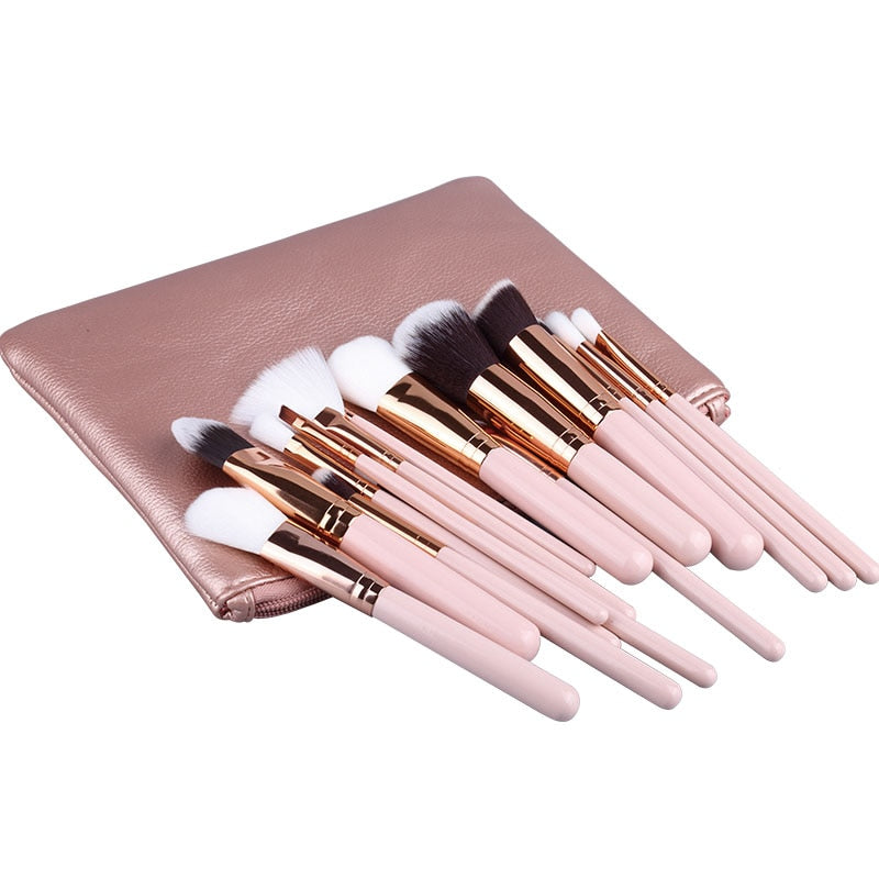 15pcs Pink Makeup Brushes Set Pincel Maquiagem Powder Eye Kabuki Brush Complete Kit Cosmetics Beauty Tools with Leather Case