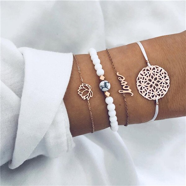 Modyle Bohemian Handmade Pink Crystal Beads Bracelets for Women Vintage Fashion Fox Map Bracelet Bangles Jewelry Gifts