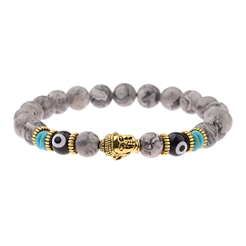 Charm Buddha&Evil Eye Bracelet Women 8mm Elastic Round Bright Black Stone Chakra Bracelets Men Erkek Bileklik Homme