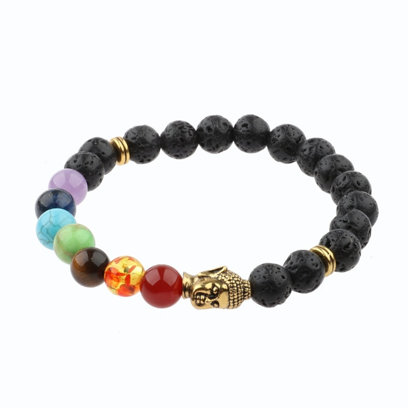Charm Buddha&Evil Eye Bracelet Women 8mm Elastic Round Bright Black Stone Chakra Bracelets Men Erkek Bileklik Homme