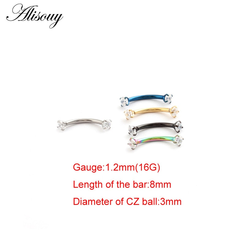 Alisouy 1pc 16G Surgical Steel 3mm Crystal Zircon Eyebrow Body Piercing Curved Barbell Lip Ring Snug Daith Helix Rook Earring - Charlie Dolly