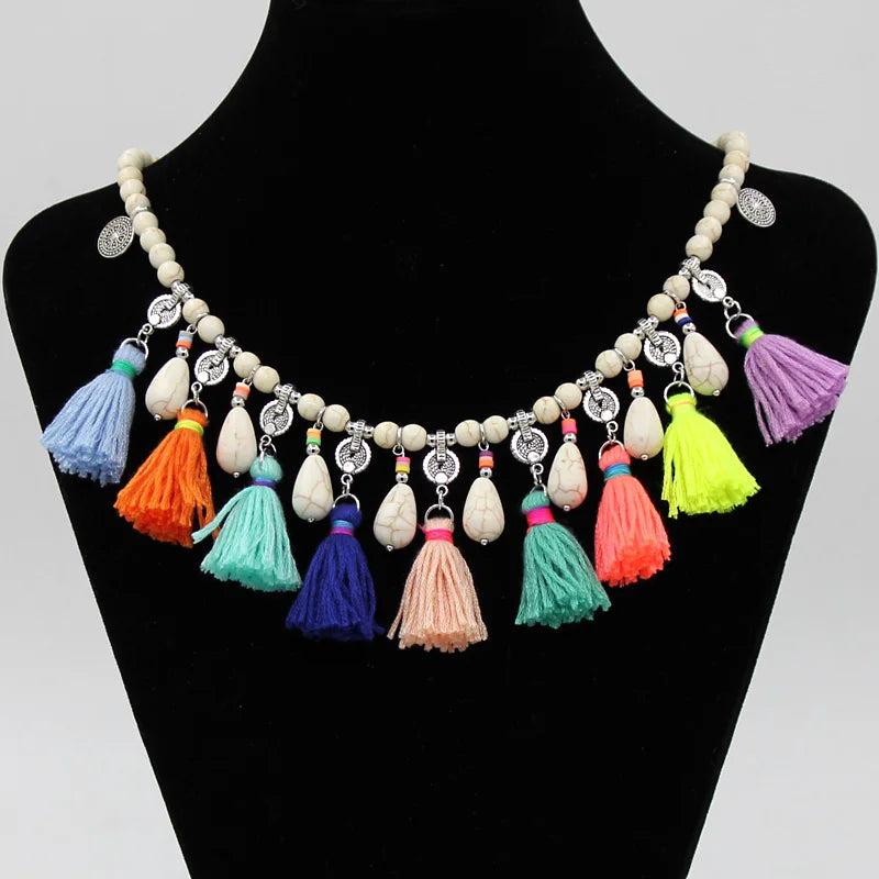 Boho Jewelry Women Statement Necklace Natural Stone Beaded Strand Tassel Water Drop Pendant Necklace Jewelry Sweater Chain - Charlie Dolly