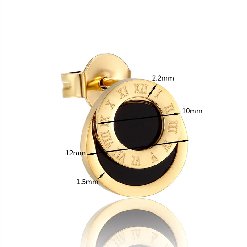 High Quality Black Enamel Roman Numerals Stud Earrings For Women/Men Girls Piercing Jewelry Titanium Steel Gold Color Earring