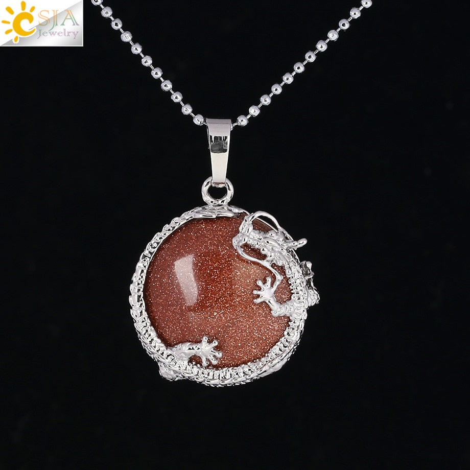 CSJA Necklaces Dragon Pendants Women Natural Stone Purple Crystal Pink Quartz Tiger Eye Lava Rock Flat Round Beads Fittings F304
