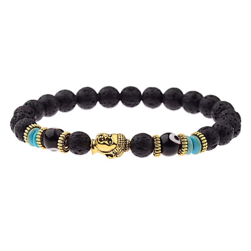 Charm Buddha&Evil Eye Bracelet Women 8mm Elastic Round Bright Black Stone Chakra Bracelets Men Erkek Bileklik Homme