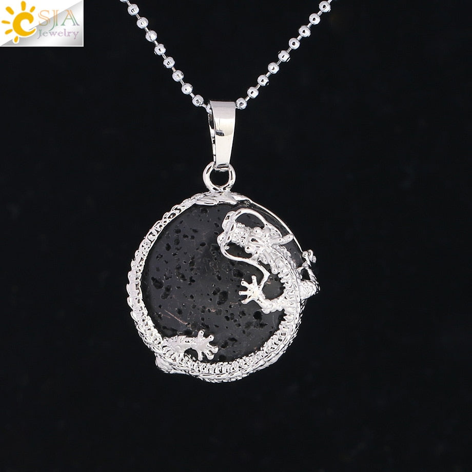 CSJA Necklaces Dragon Pendants Women Natural Stone Purple Crystal Pink Quartz Tiger Eye Lava Rock Flat Round Beads Fittings F304