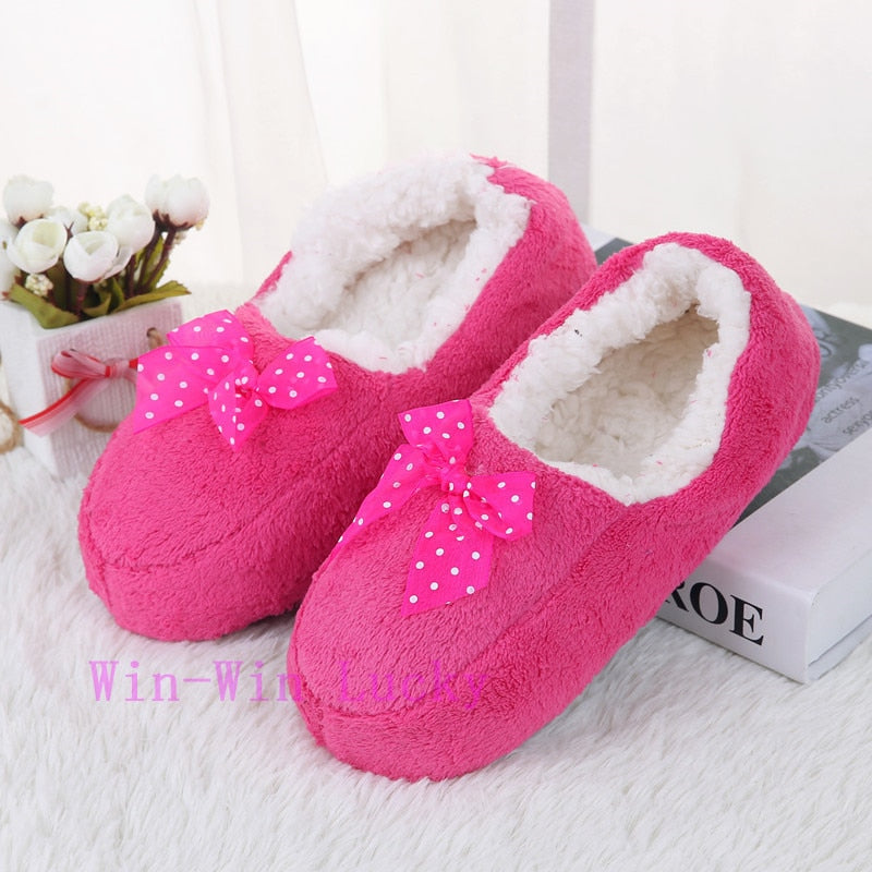 Suihyung Women Cotton Slippers Winter Warm Plush Indoor Floor Shoes Non-slip Hose Slip On Ladies Lace Bow Slides Fluffy Slippers