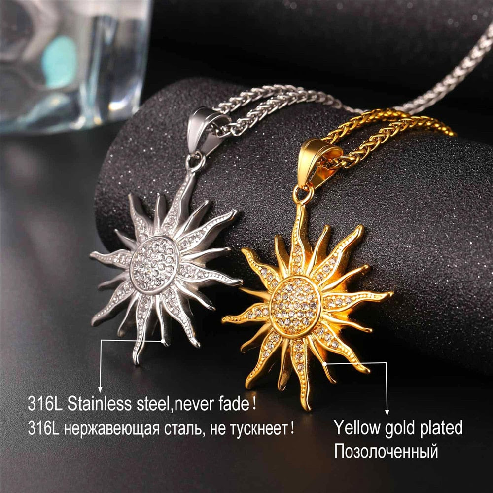Kpop Necklace Rhinestone Gold/Black Color Sunflower Stainless Steel Pendant For Women Gift Wholesale Jewelry Necklaces P313