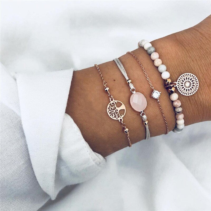 Modyle Bohemian Handmade Pink Crystal Beads Bracelets for Women Vintage Fashion Fox Map Bracelet Bangles Jewelry Gifts