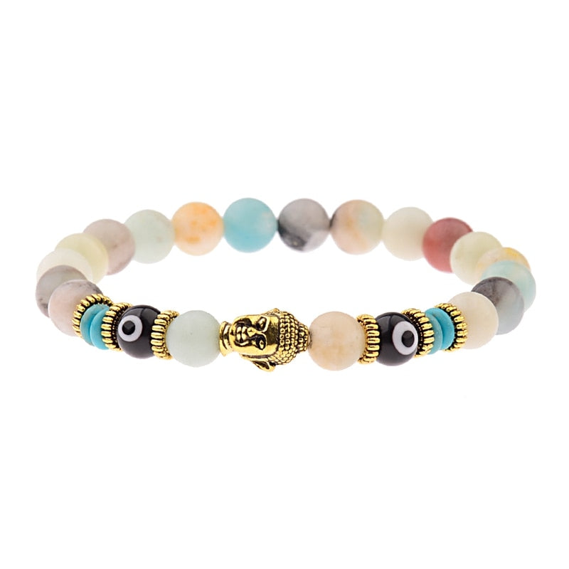 Charm Buddha&Evil Eye Bracelet Women 8mm Elastic Round Bright Black Stone Chakra Bracelets Men Erkek Bileklik Homme