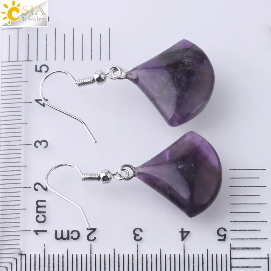 1pc Natural Stone Drop Earrings for Women Small Fan-shaped Earring Purple Pink Quartz Lapis Lazuli Crystal Tiger Eye F828 - Charlie Dolly