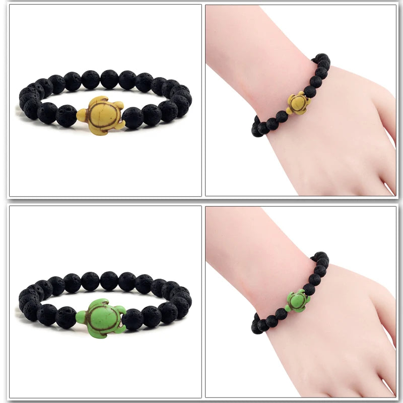 Summer Beach Sea Turtle Beads Bracelet for Men Charm Black Lava Natural Stone Strand Bracelets Elastic Women Boho Jewelry Gifts - Charlie Dolly