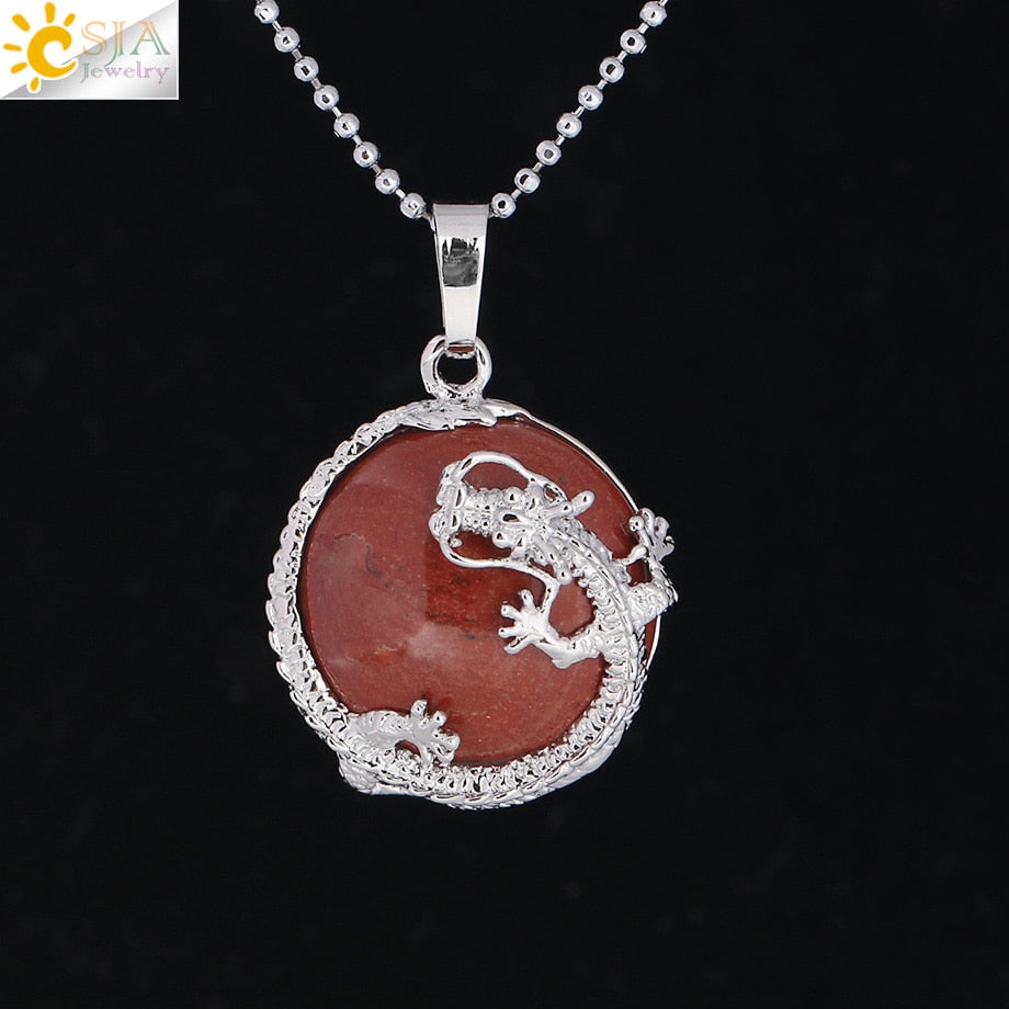 CSJA Necklaces Dragon Pendants Women Natural Stone Purple Crystal Pink Quartz Tiger Eye Lava Rock Flat Round Beads Fittings F304