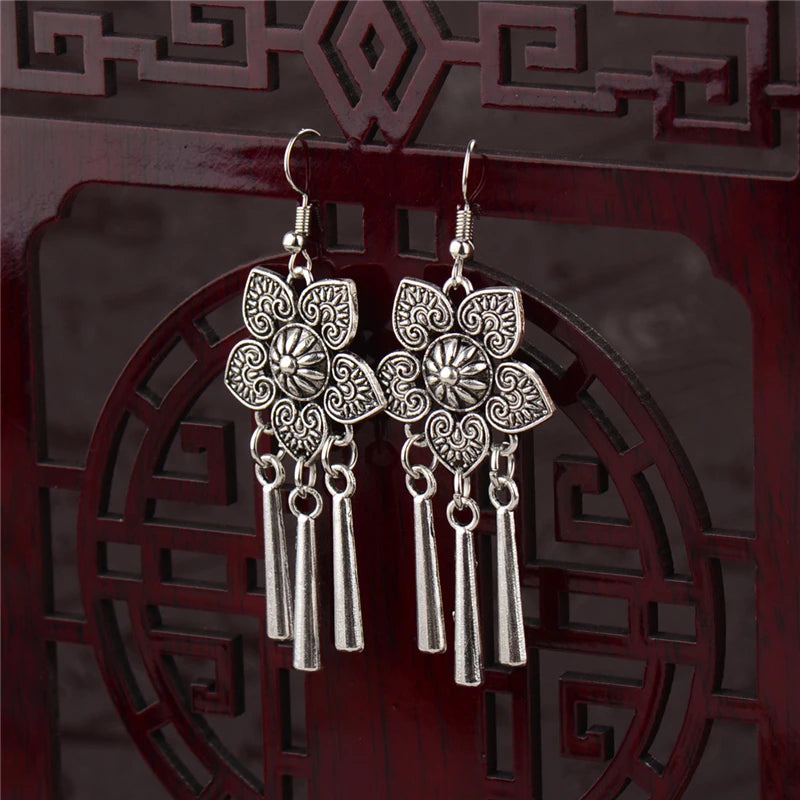 Silver Jhumka Flower Tassel Ethnic Earrings Jewelry