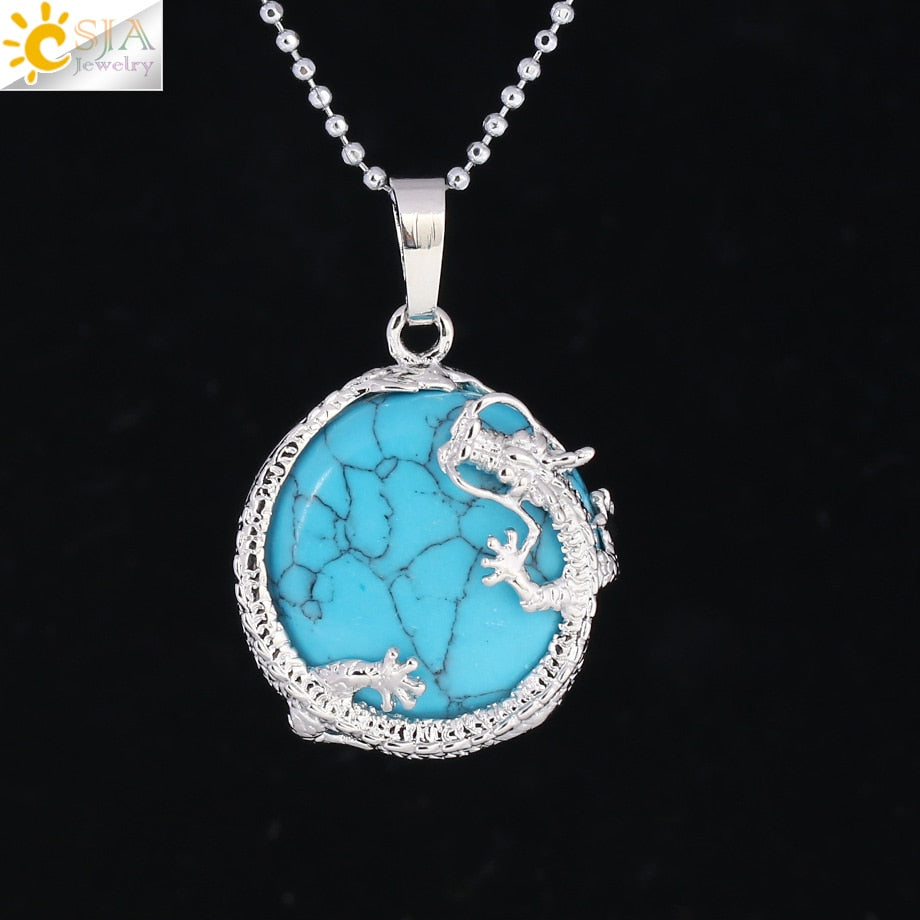 CSJA Necklaces Dragon Pendants Women Natural Stone Purple Crystal Pink Quartz Tiger Eye Lava Rock Flat Round Beads Fittings F304