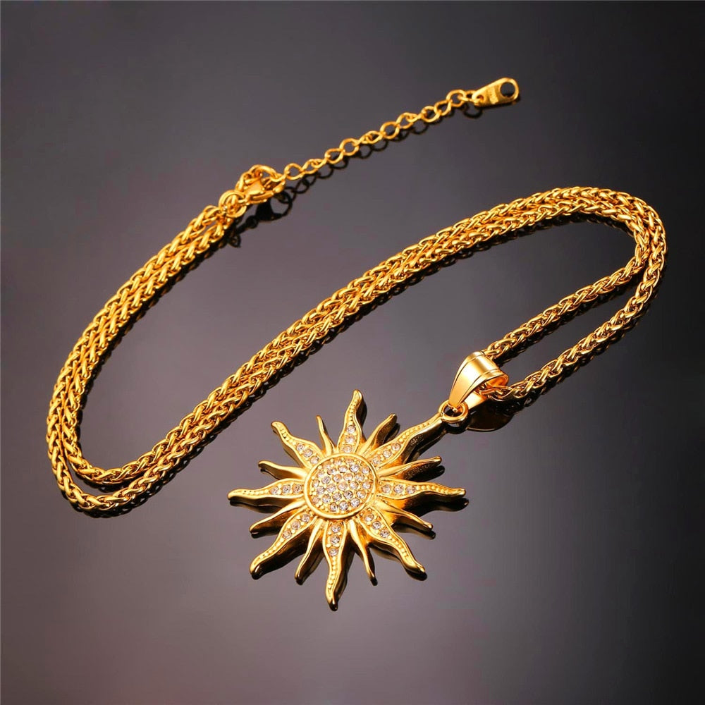 Kpop Necklace Rhinestone Gold/Black Color Sunflower Stainless Steel Pendant For Women Gift Wholesale Jewelry Necklaces P313