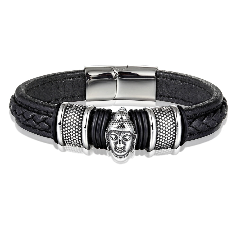 XQNI Genuine Leather Bracelet & Bangle Buddha Head Accessories with Stainless Steel for Blessing Men Bracelet Lucky Jewelry