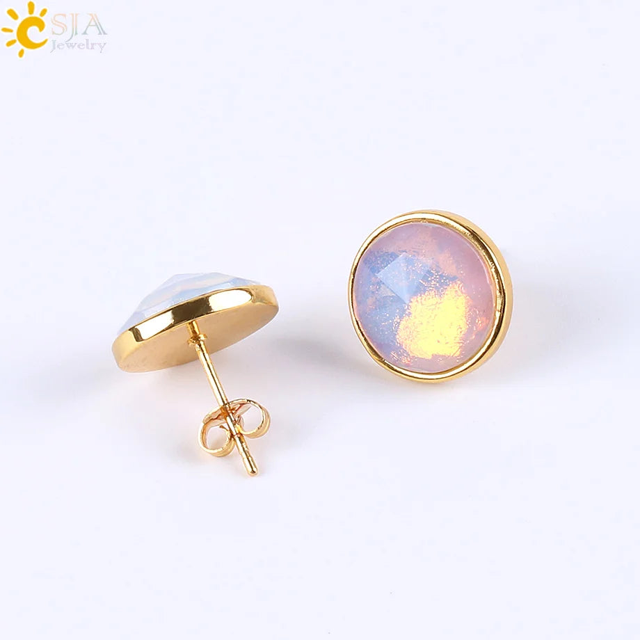 CSJA Gold Color Round Stud Earrings Natural Gem Precious Stone Green Black Obsidian Lapis Lazuli Amethysts Crystal Jewelry E597 - Charlie Dolly
