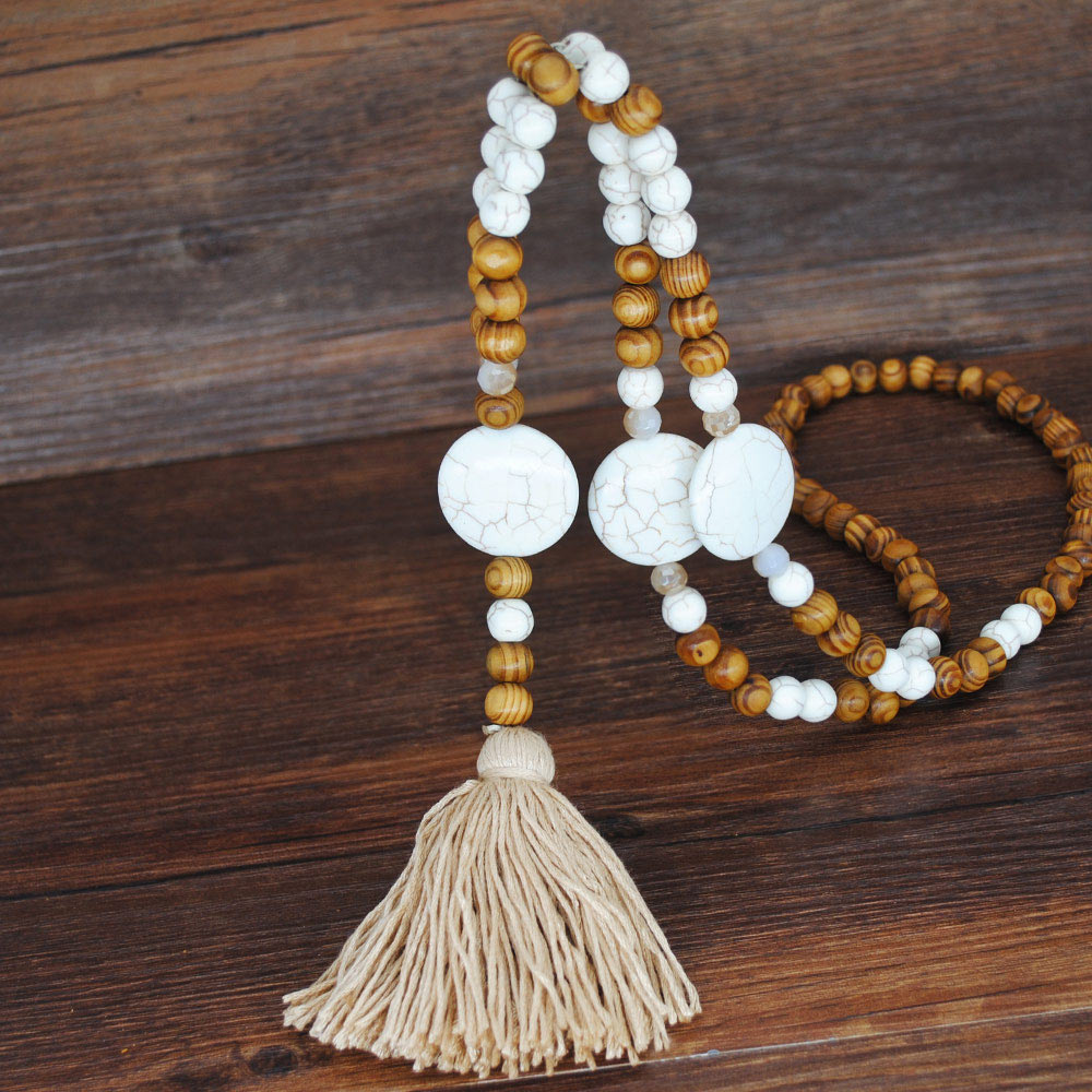 Yumfeel New Bohemian Necklace Handmade Stones Tassels Wood Beads Necklace Long Women Jewelry Gifts