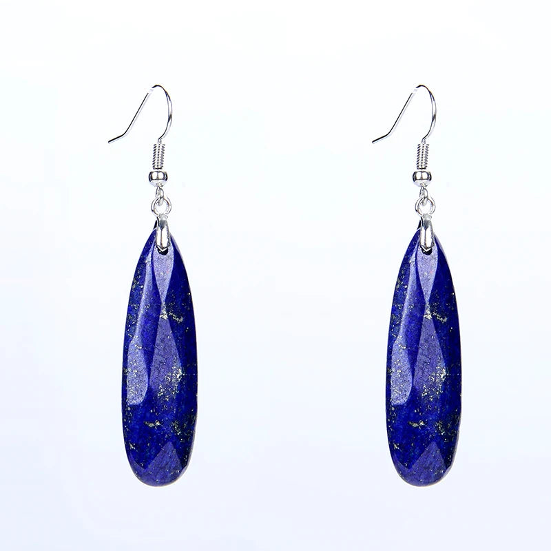 Silver Plated Long Water Drop Section Lapis Lazuli Pink Quartz Stone Hook Drop Earrings Elegant Women's Earring Fashion Jewelry - Charlie Dolly