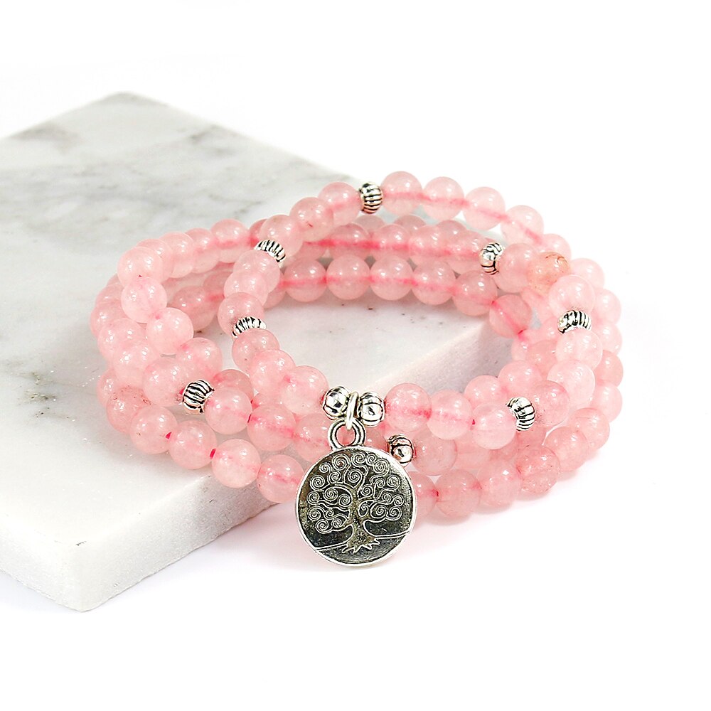 Pink Beads Buddhist Buddha Meditation 6mm 108 Beads Natural Stone Prayer Bead Bracelet Women Jewelry Women Stretch Yoga Jewelry