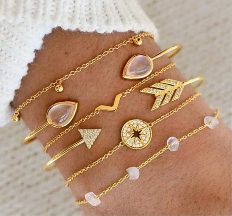 Boho Charm and Crystal Bead Bangle Bracelet Set