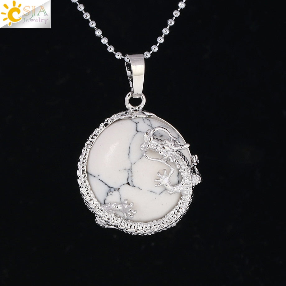 CSJA Necklaces Dragon Pendants Women Natural Stone Purple Crystal Pink Quartz Tiger Eye Lava Rock Flat Round Beads Fittings F304